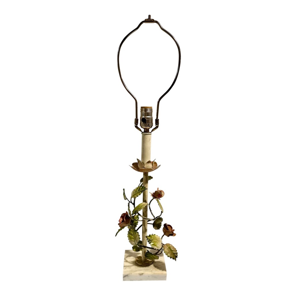Vintage Tole Rose Table Lamp on Marble Base, Shabby Chic Italy